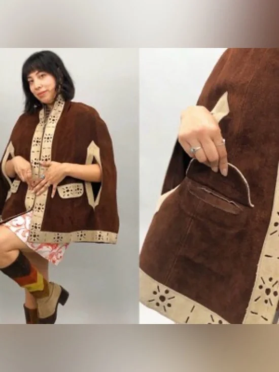 Vintage Leather Cape Poncho Hippie Jacket Size OS Tan Brown Zipper Front Western - Picture 1 of 13